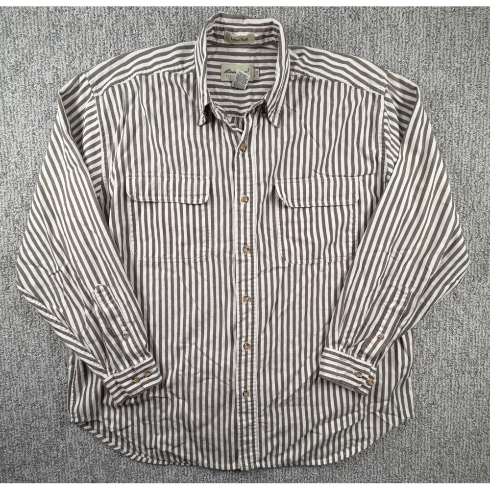 Eddie Bauer Button Down Shirt Mens Large Brown Striped Rufton Twill Long Sleeve